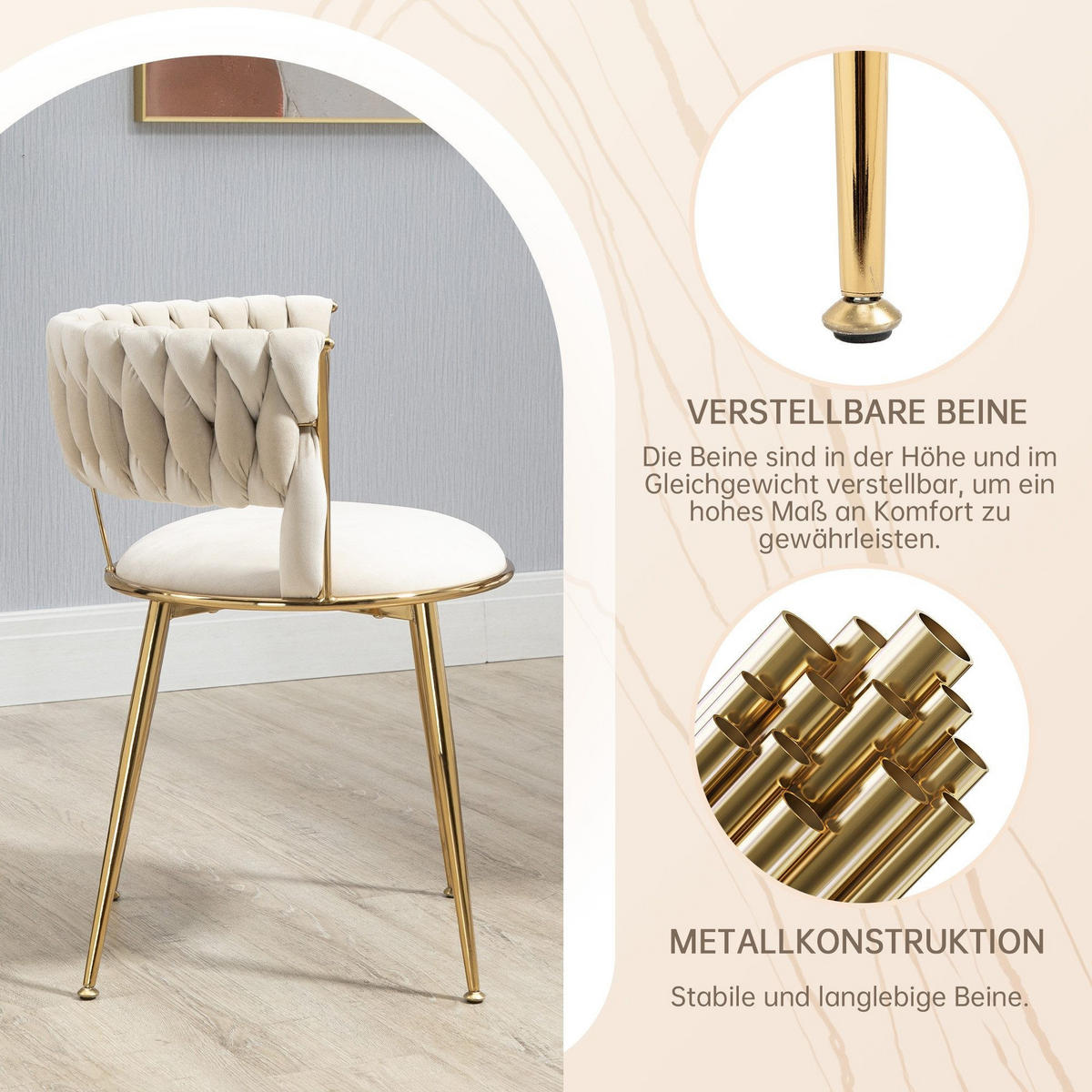 STÜHLE 2er-Set Esszimmerstuhl,Luxuriöse Samt-Stühle,Beige - Beige, Metall (57/70/43cm) - LVHOM