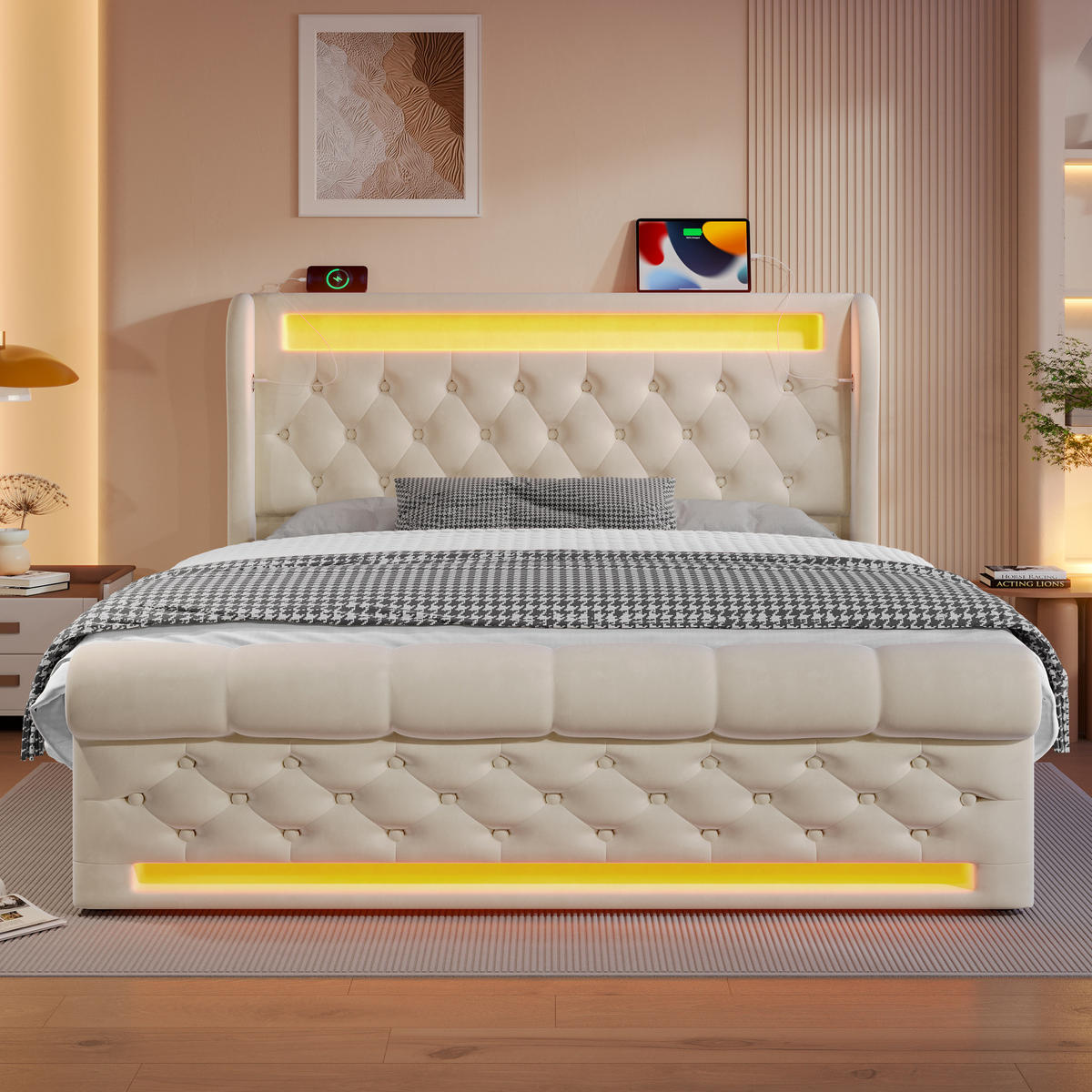 OBLAZINJENA postelja 140/190 cm z LED osvetlitvijo, USB in Type-C priključki ter hidravličnim shranjevanjem, Bež - bež, tekstil (140/190cm) - Redom