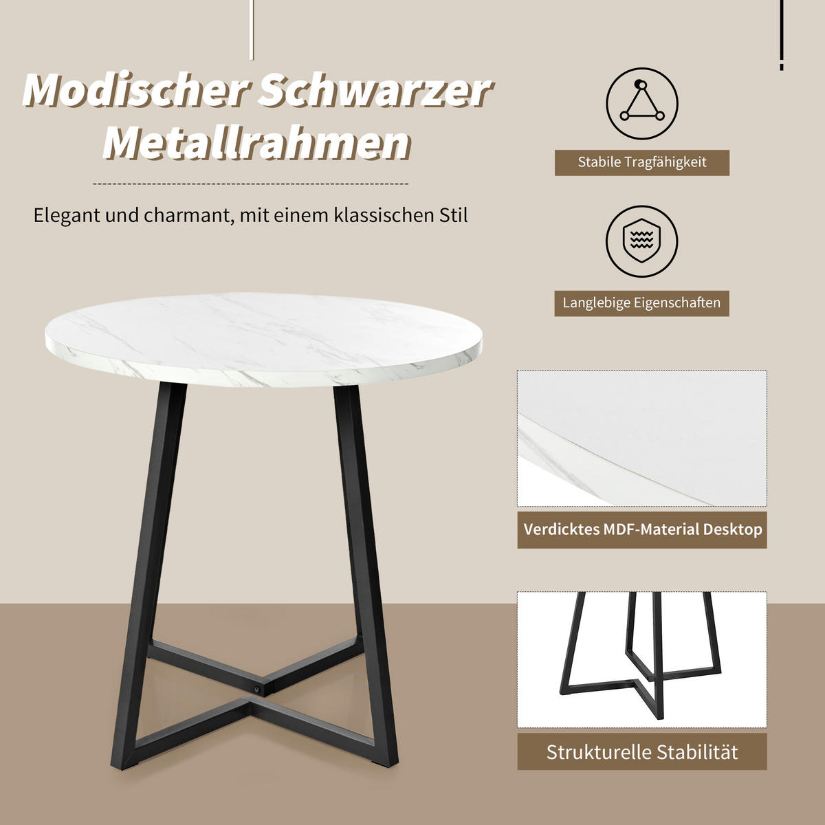 ESSTISCH rund 80/80/75 cm Weiß MDF Tisch mit Marmormuster und Metallgestell - Weiß, Holzwerkstoff (80/80/75cm) - OKWISH