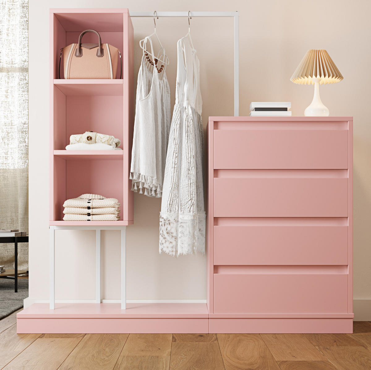KLEIDERSCHRANK aus Spanplatte 40x100x135 cm Weiß/Rosa mit 4 Schubladen, 3 offenen Fächern und Kleiderstange - Pink, Holzwerkstoff (140/135/40cm) - Modfu