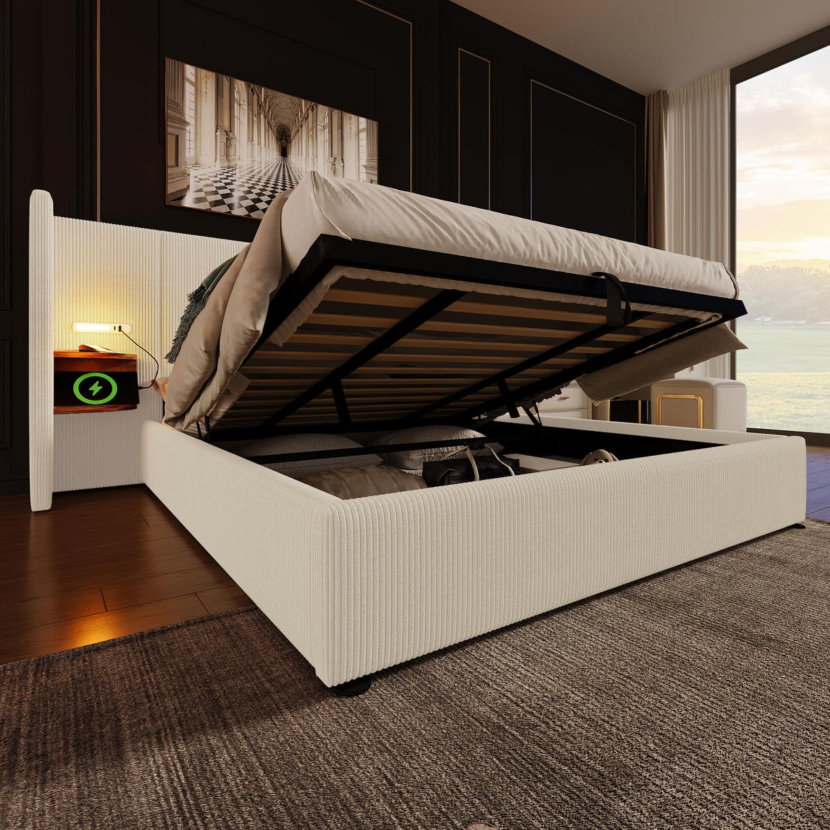 POLSTERBETT 180/200 cm Beige mit Nachttisch, Leselampe und USB Type-C Ladefunktion, Ohne Matratze - Beige, Textil (180/200cm) - Oxeza