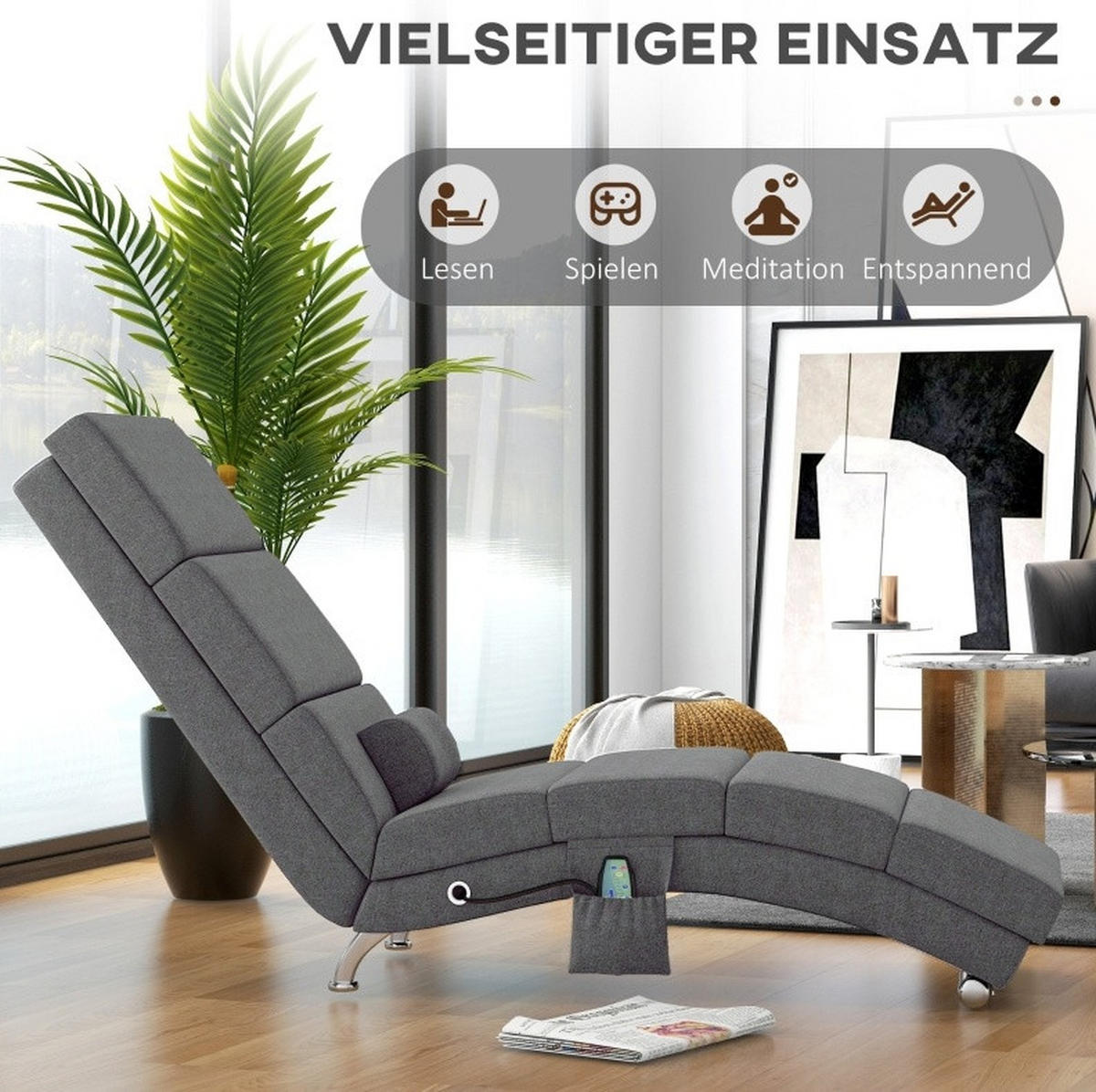 RELAXSESSEL in Dunkelgrau 168x56x84 cm mit Vibrationsmassage und Lendenwärme - Dunkelgrau, Textil (56/84/168cm) - IVMEU