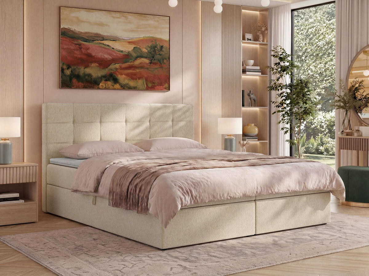 BOXSPRINGOVÁ POSTEĽ SOLVEN 140/200 - Béžová Štruktúrovaná látka - Topper Visco - H3 (stredne tvrdý) - čierna/béžová, textil/plast (140/200cm) - MKS