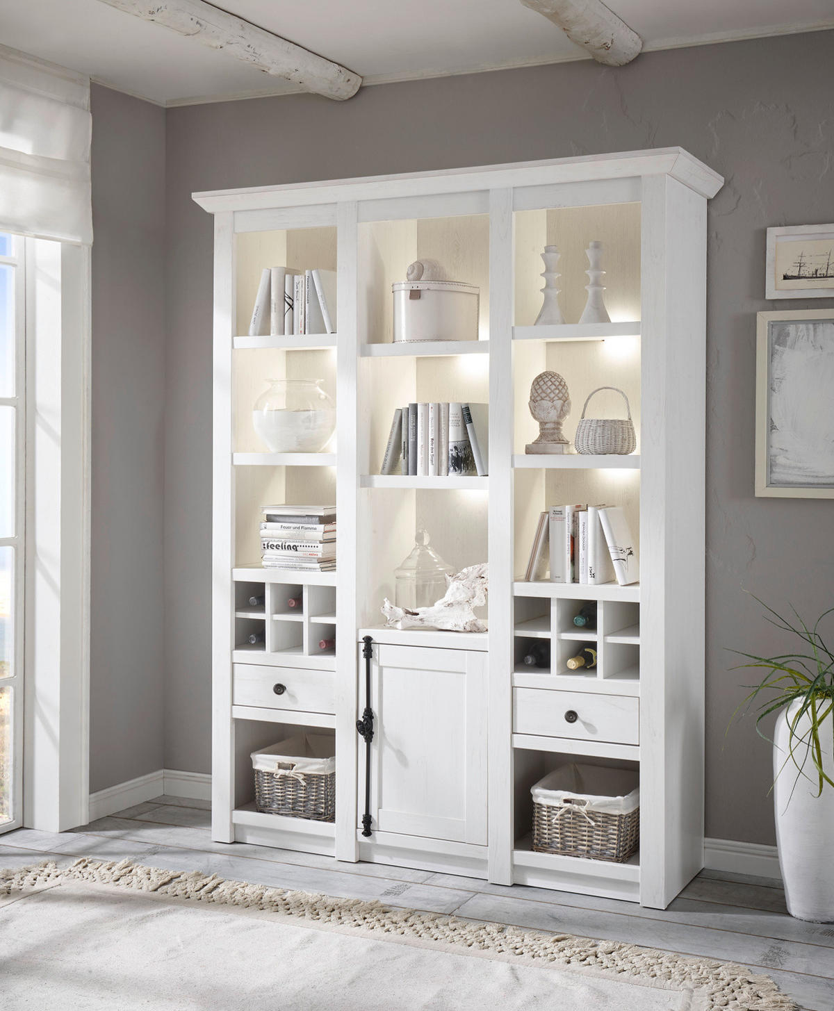 BUFFET weiß Pinie Landhaus, Buffetschrank mit Weinregal 147 x 207 cm - Anthrazit/Weiß, Holzwerkstoff/Metall (147/207/45cm) - Furn.Design