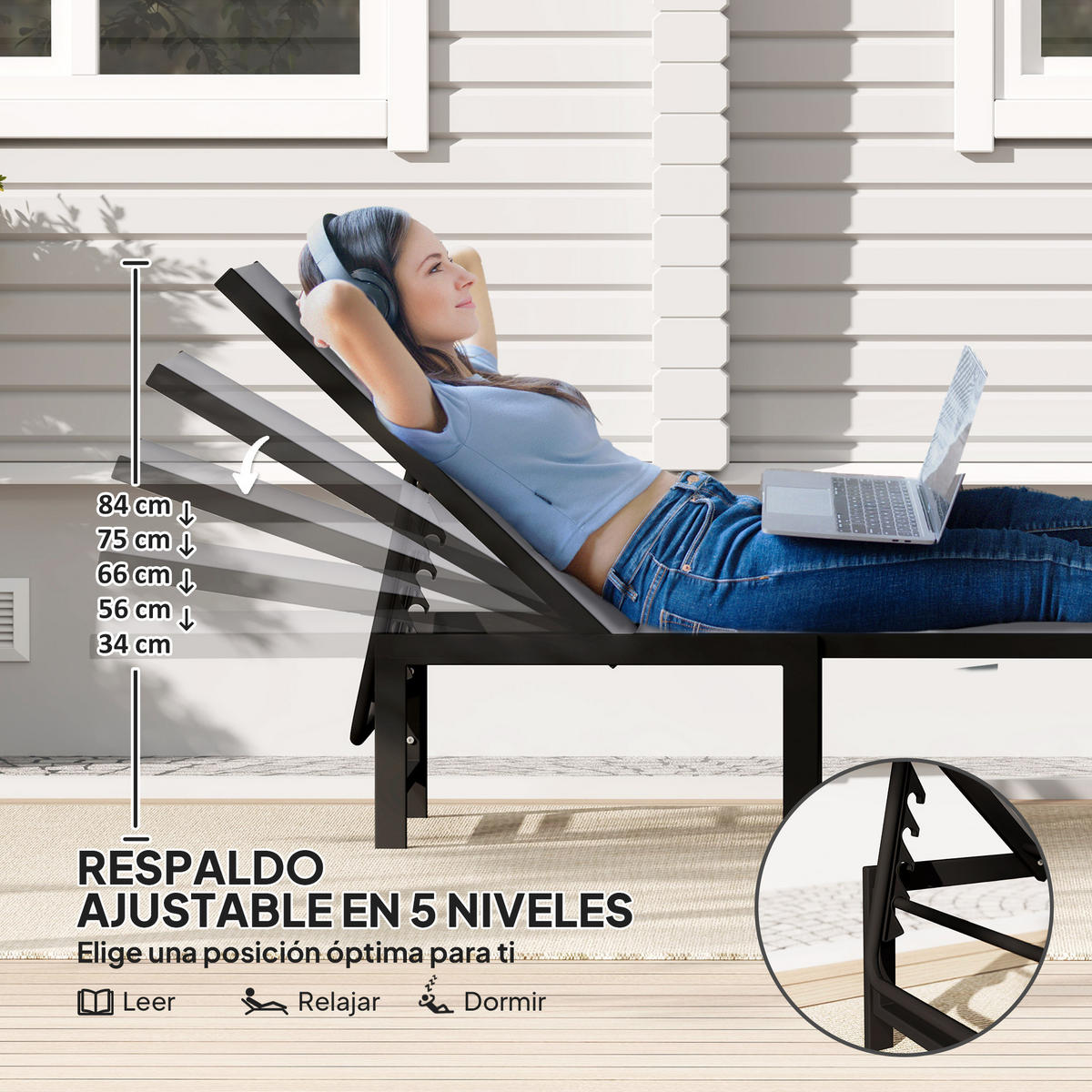 SONNENLIEGE Verstellbare Gartenliege mit 5-fach verstellbarer Rückenlehne und Stahlrahmen 166 x 60 x 84 cm ,Grau - Grau, Metall (60/84/166cm) - Vallsero