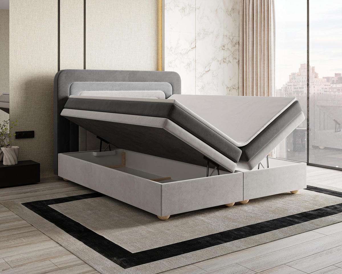 BOXBETT - Bett 10 NEST - Riviera - 140x200 cm - Modernes Polsterbett mit Bettkasten - Grau, Holz (140/200cm) - ROYAL24_MARKT