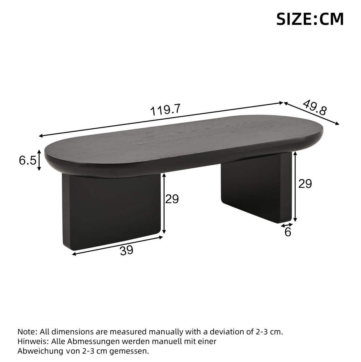 COUCHTISCH oval 119,7 x 49,8 x 35,5 cm Schwarz MDF - Schwarz, Holzwerkstoff (119.7/49.8/35.5cm) - Meubliv
