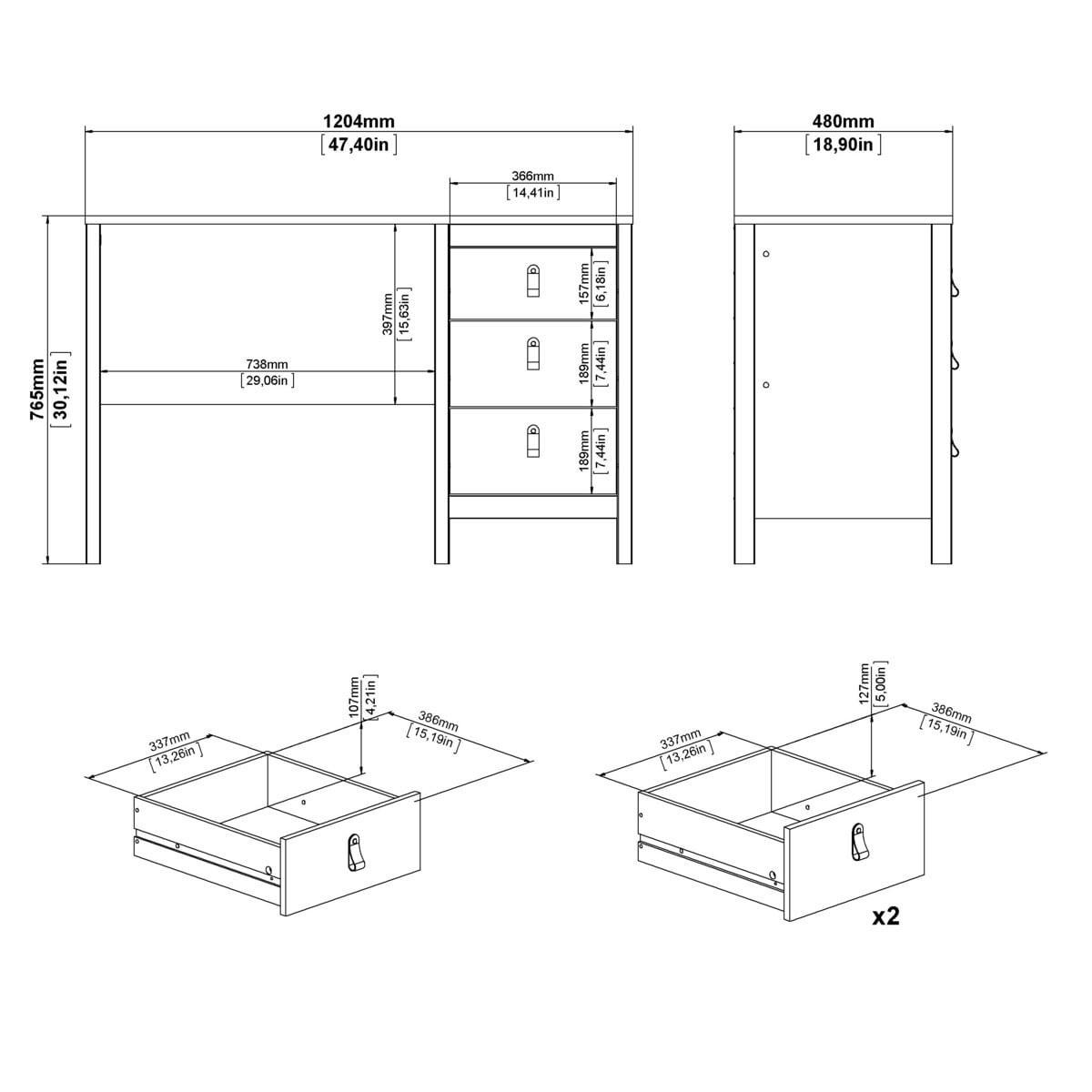 SCHREIBTISCH mit 3 Schubladen barcelone 120,4/48/76,5 cm - Weiß, Holzwerkstoff (120.4/48/76.5cm) - Calicosy