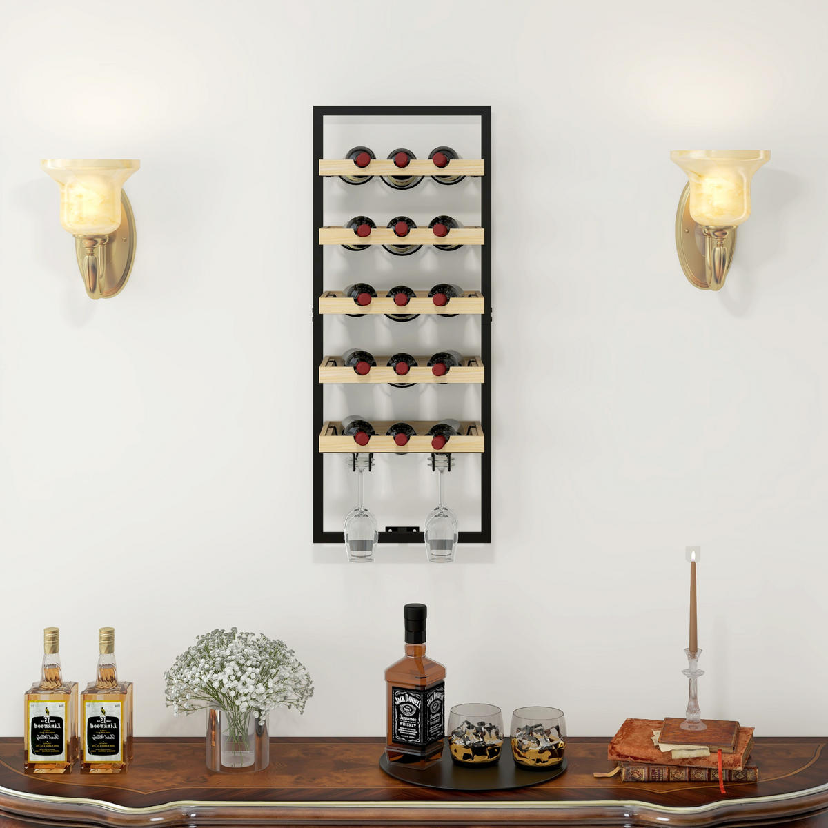 WEINREGAL, wandmontiert, Holz/Stahl, 15 Flaschen, 4 Gläser, 35x25x86cm - Multicolor, Metall (35/86/25cm) - FORIOUS