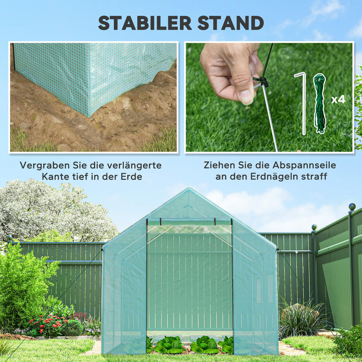 FOLIENGEWÄCHSHAUS, 2 x 3 x 2 m Gewächshaus, Treibhaus mit Rollfenster, Rolltür - Grün, Metall (300/200/200cm) - Outsunny