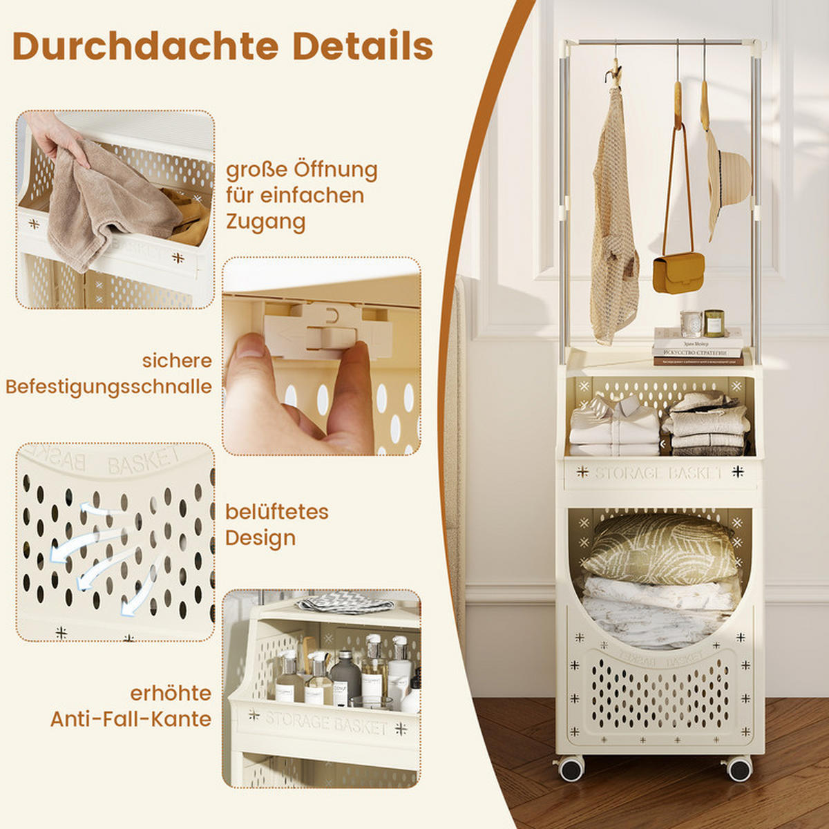 WÄSCHEKORBWAGEN mit Kleiderstange beige - Beige, Kunststoff (40/136/30cm) - COSTWAY