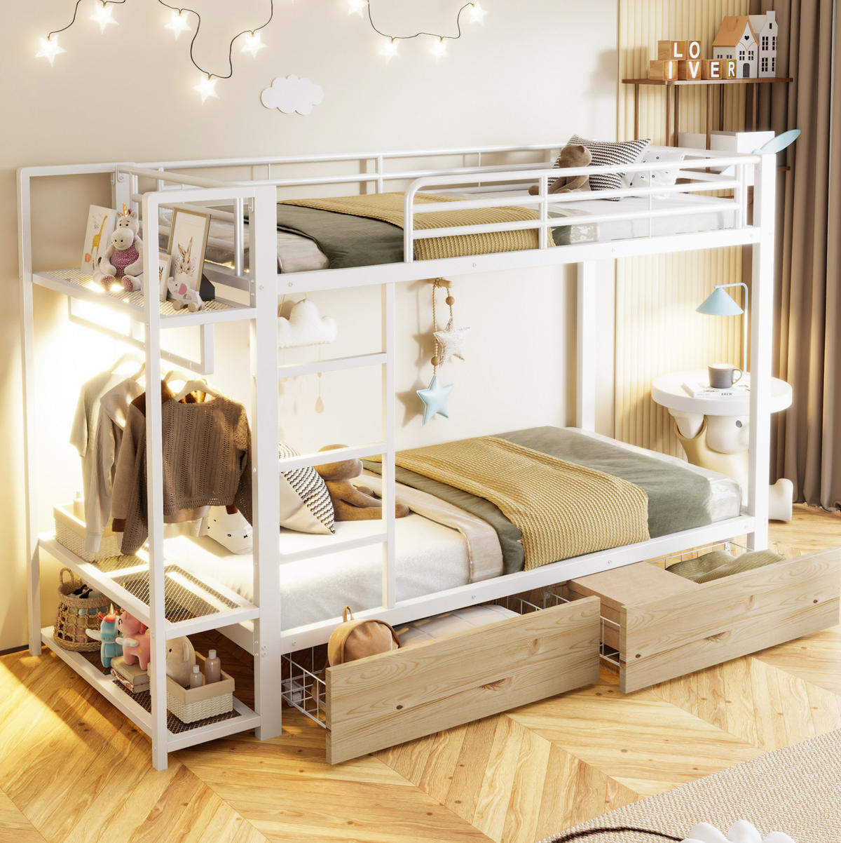 ETAGENBETT 90/200 cm in Weiß mit LED-Beleuchtung, 2 Schubladen und Ablageflächen - Weiß, Metall (90/200cm) - OKMYHOME
