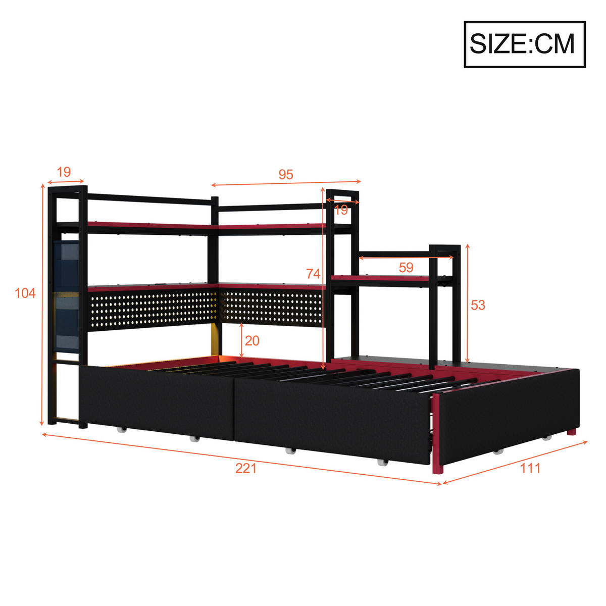 METALLBETT 90/200 cm in Schwarz mit Schubladen, LED, USB und Lochwand - Schwarz, Metall (90/200cm) - WISHDOR