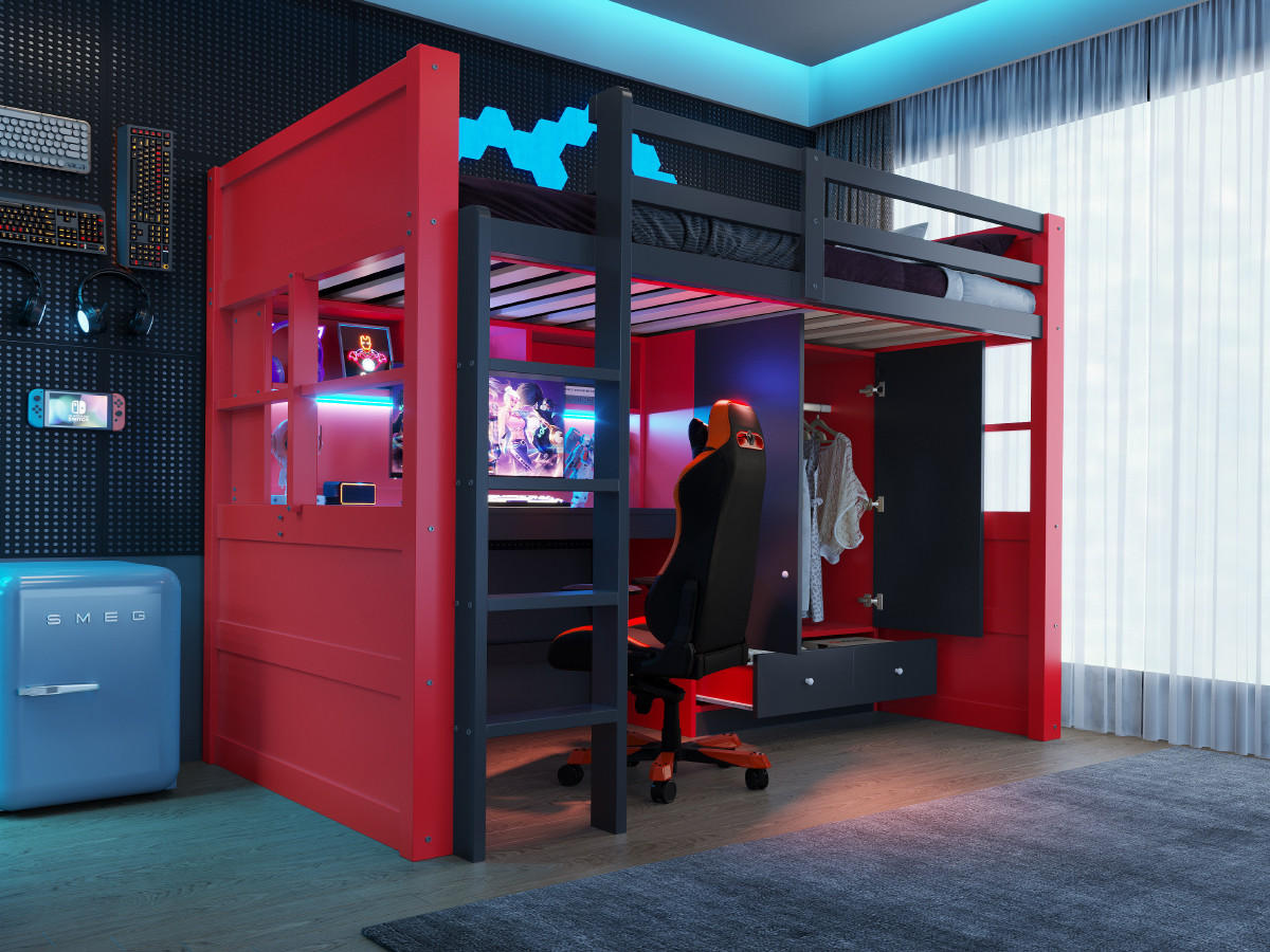 HOCHBETT 90/200 cm in Schwarz & Rot mit LED, Steckdosen, Schreibtisch, Kleiderschrank, Schubladen, Leiter - Rot/Schwarz, Holz/Holzwerkstoff (90/200cm) - CHICFURN