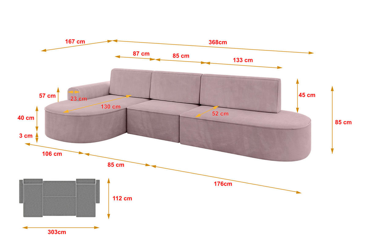 ECKSOFA mit Schlaffunktion Ottomane Links MARI L2-S 368X167X85 Rosa Cord - Schwarz/Rosa, Holzwerkstoff/Kunststoff (368/167cm) - ALTDECOR