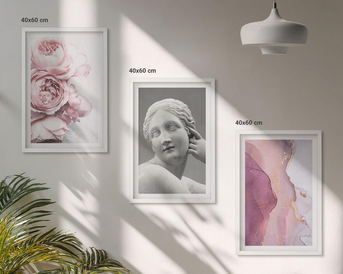 BILDER SET 3er Set - 40x60 cm Weißer Rahmen - Pfingstrosen abstrakte Frauenskulptur - Weiß, Kunststoff (40/60cm) - TULUP