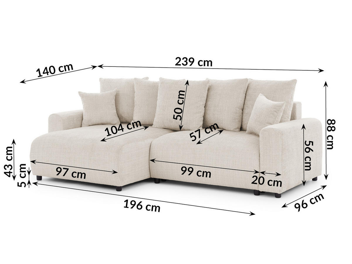 ECKSOFA Calma mit Schlaffunktion und Bettkasten im Bumpy-Design aus weichem Beige Chenille-Stoff - Ottomane links - Beige/Schwarz, Holz/Kunststoff (140/239cm) - S-Style Möbel