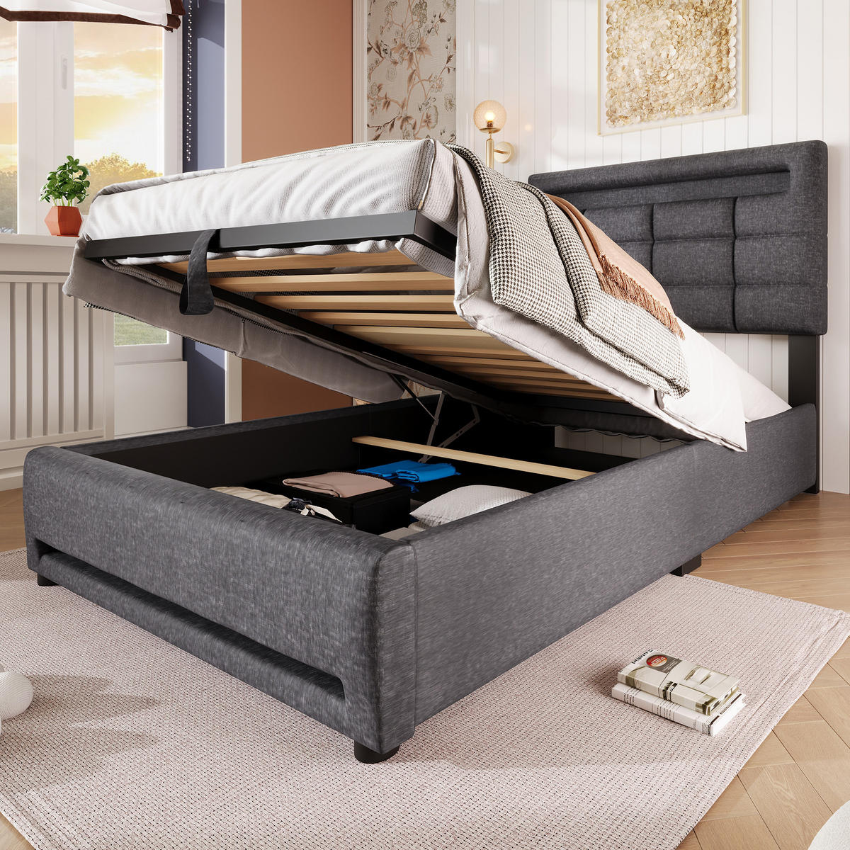 POLSTERBETT 90x200cm Grau Leinen APP-Fernbedienung LED Hydraulik USB - Grau, Holz (90/200cm) - FLIEKS