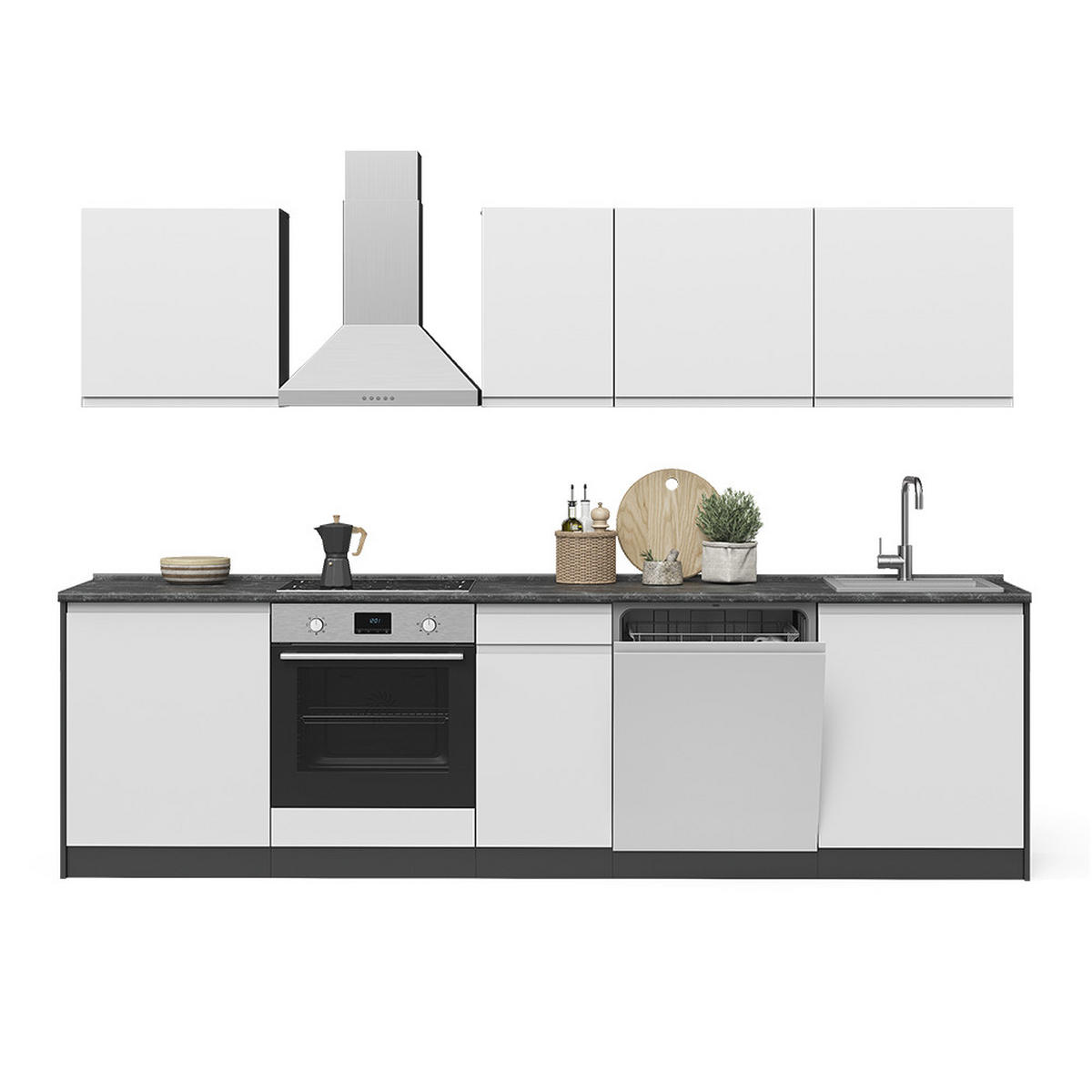 KÜCHENZEILE R-Line, Weiß/Anthrazit, 280 cm Arbeitsplatte Platin - Anthrazit/Weiß, Holzwerkstoff (280/206.8/60cm) - Vicco