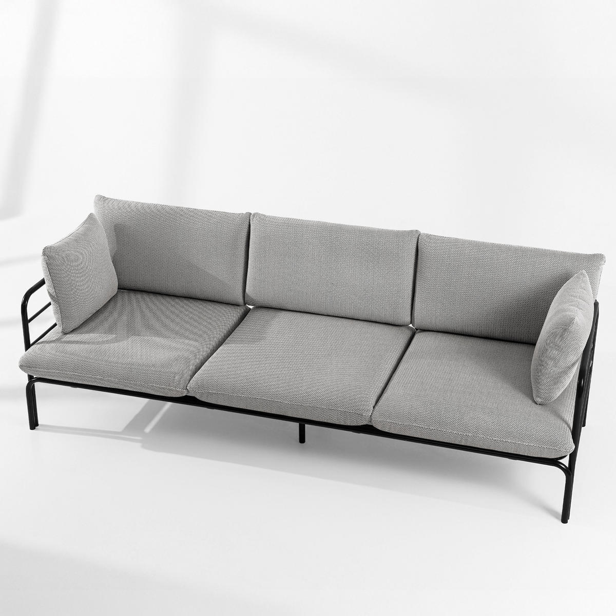 GARTENMÖBELSET RAMBE 4-tlg. 1x Tisch 2x Sessel 1x Sofa 3-Sitzer, mit Auflage, Stahlrahmen, LOFT-STIL, Anthrazit - Dunkelgrau/Anthrazit, Glas/Textil - KONSIMO®