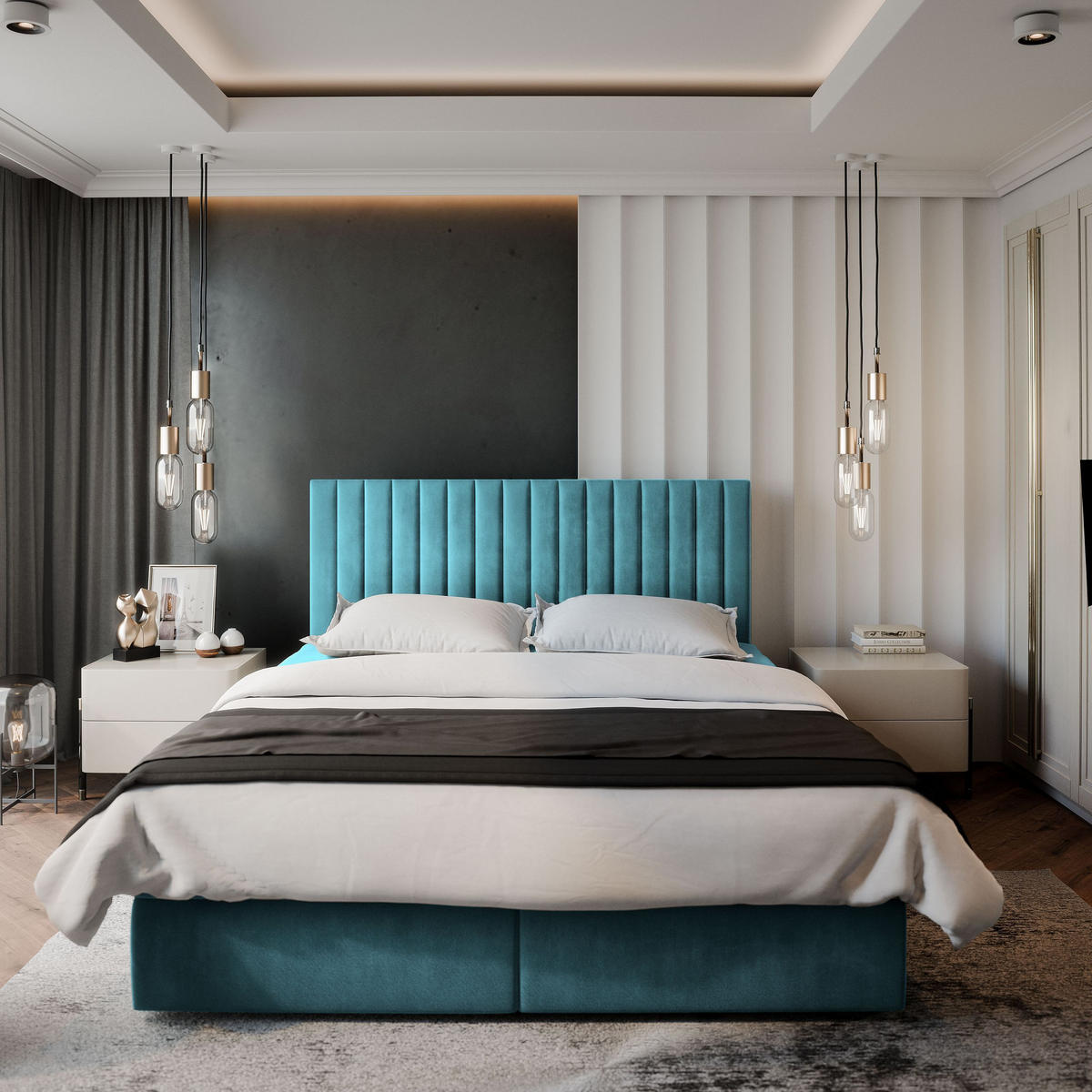 BOXBETT BRESEL 160x200 cm mit Matratze und Topper - Blau - Hellblau, Holz (160/200cm) - MASSENO