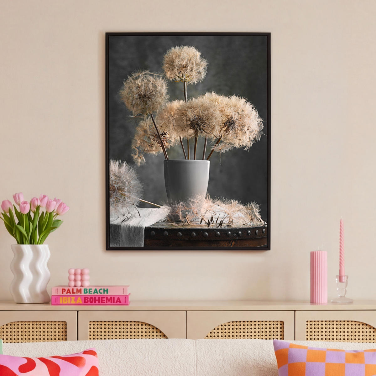 LEINWAND Bilder mit Rahmen - Blumensamen - Löwenzahn - Vase - Stilleben - Blumenstrauß - 70x100 - Dunkelgrau, Textil (70/100cm) - MuchoWow