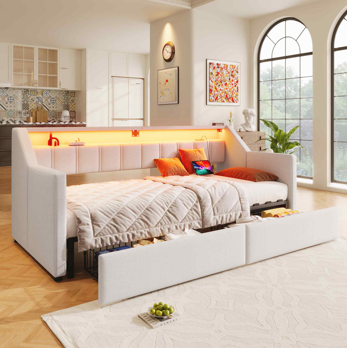 BETT aus Leinen 90x200 cm Beige mit USB, Typ-C, LED-Leiste und Ausziehfunktion - Beige, Textil (90/200cm) - Modfu