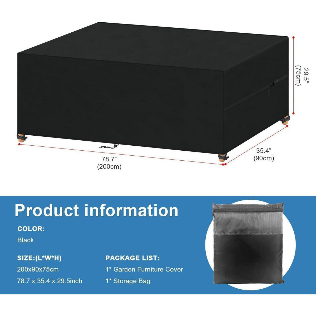 GARTENMÖBEL Abdeckung 200 x 90 x 75 cm Wasserdicht - Schwarz, Kunststoff (1/1/1cm)