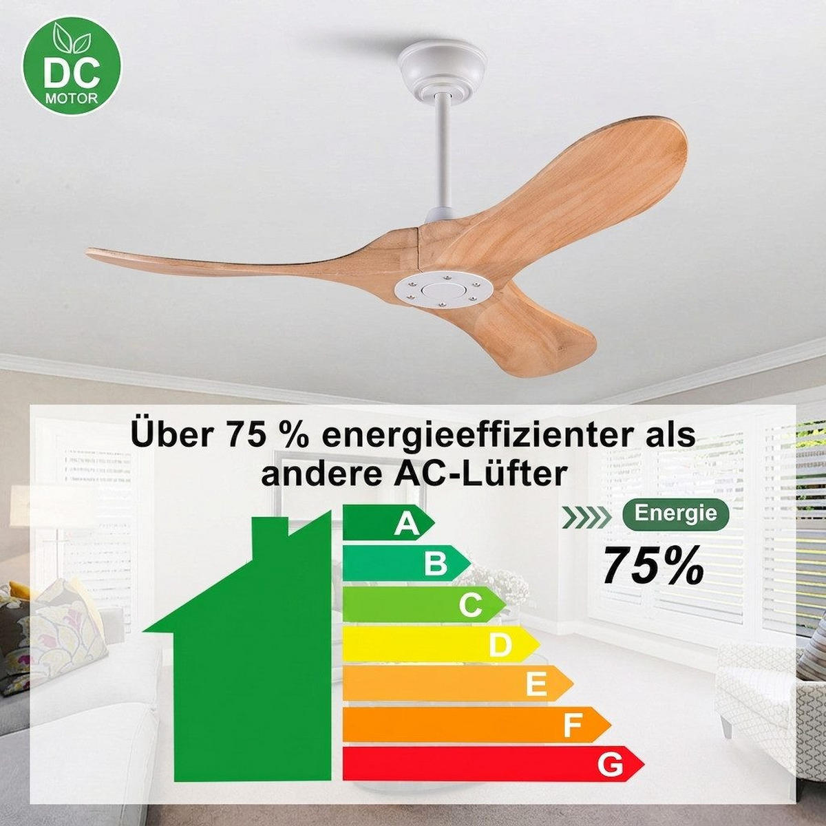 DECKENVENTILATOR & 3 Holzflügeln, Speicherfunktion, Fernbedienung - Weiß, Holzwerkstoff (107/107/51cm) - BEXEVUE