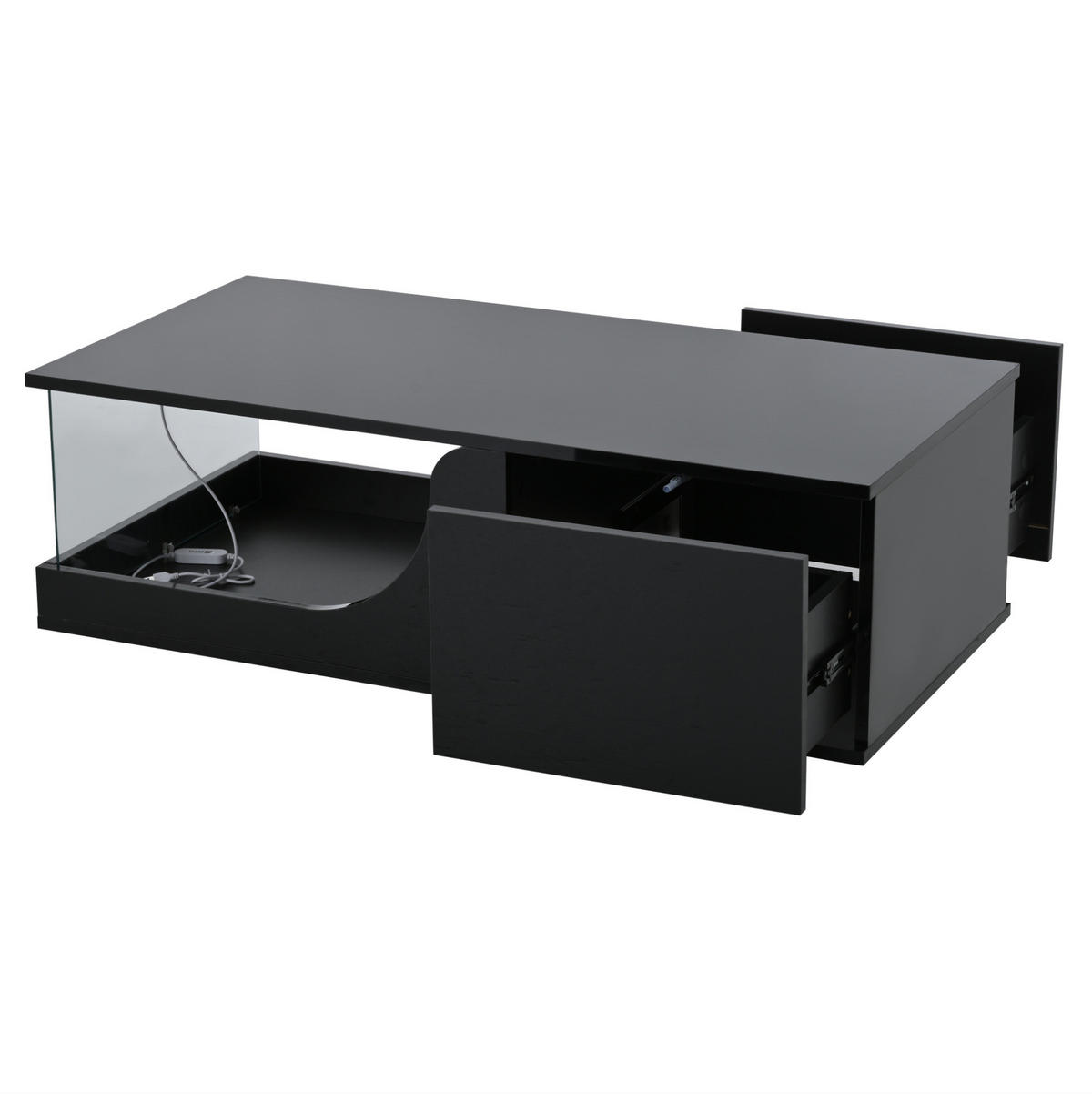 COUCHTISCH 100/50 cm mit 2 Schubladen, LED-Beleuchtung und Glasablage - Schwarz, Holzwerkstoff (100/50/30cm) - BEAOK