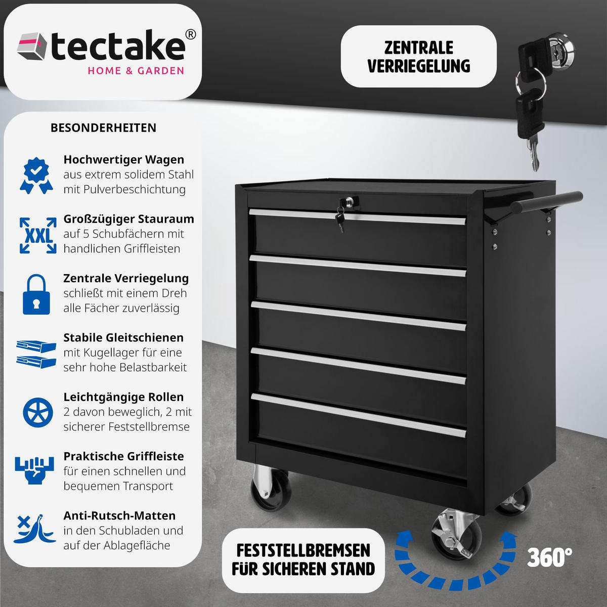 WERKZEUGWAGEN ,Rollen Ø 100 mm,schwarz - Schwarz, Metall (33/79/69cm) - tectake