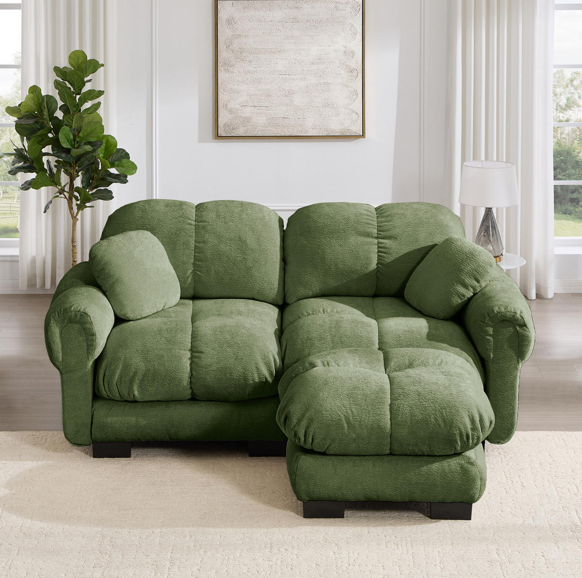 SOFA 190/149/90 cm in Grün aus Chenille mit Steppnaht und Ottomane - Grün, Textil (149/90/190cm) - Flora Grace