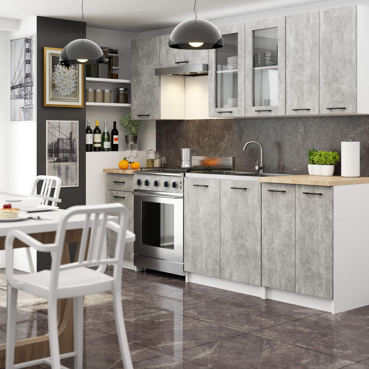 KÜCHENVITRINE Weiß, Steingrau 80x30,5x72 cm - Schwarz/Weiß, Glas/Holzwerkstoff (80/72/30.5cm) - Akord