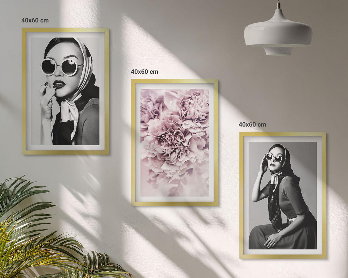 WANDBILDER 3er Set - 40x60 cm Goldrahmen - Stilvolle Porträts von Frauen mit Blumen - Goldfarben, Kunststoff (40/60cm) - ArtPrintCave