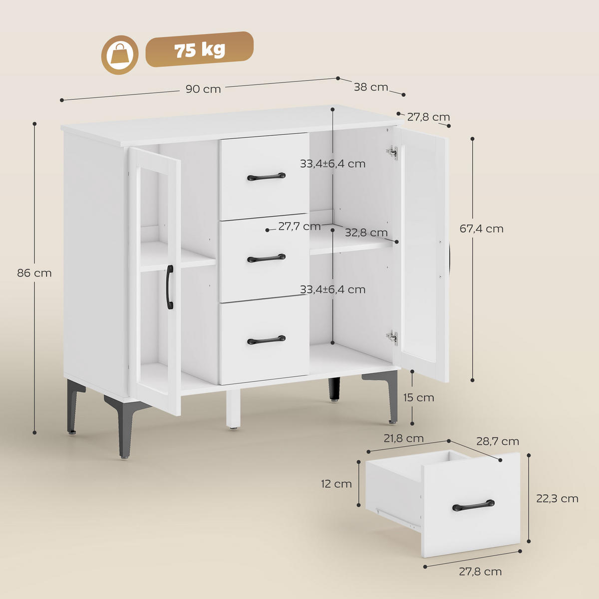 KOMMODE Sideboard mit 3 Schubladen 2 Glastüren verstellbaren Regalen Weiß - Transparent/Schwarz, Holzwerkstoff/Metall (38/86/90cm) - HOMCOM