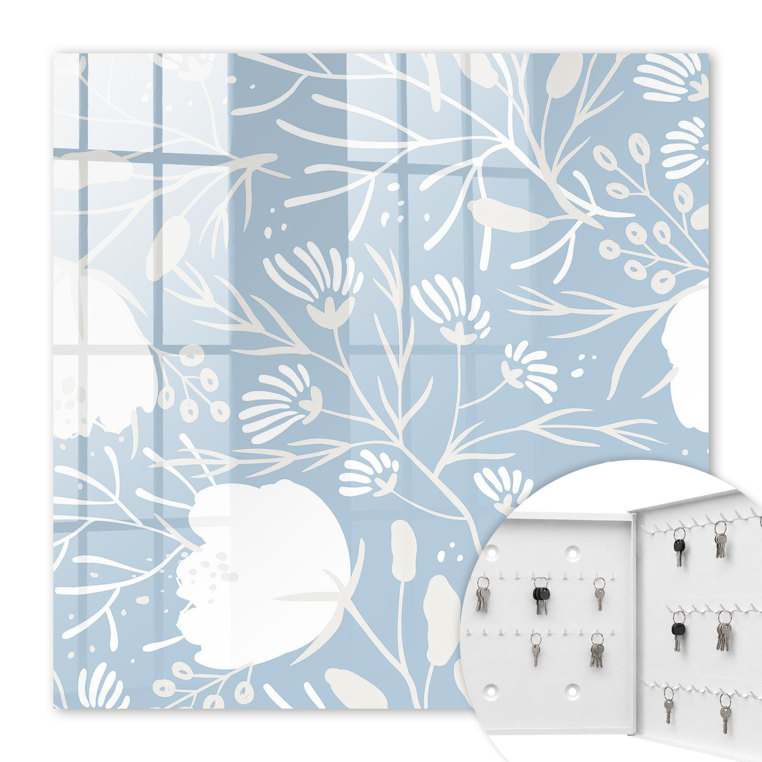 SCHLÜSSELBOX Weiß 30x30 cm – Türöffnung nach rechts - Pflanzenmotive - Blau, Metall (30/30/5cm) - TULUP
