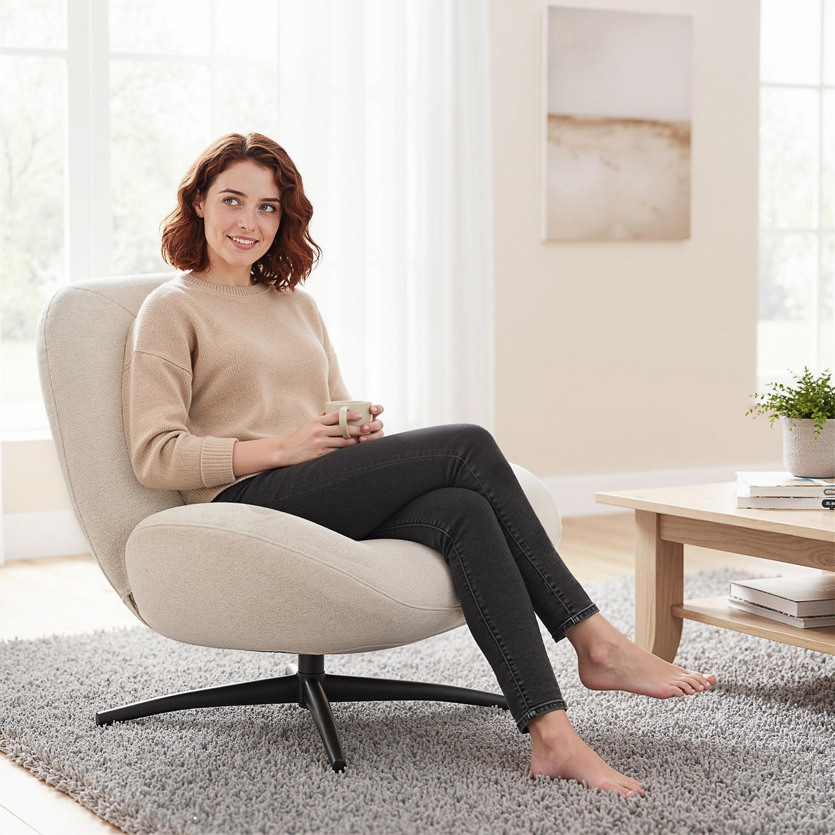 DREHBARER POLSTERSTUHL DE-06900 mit PP-Baumwollfüllung und Stahlbasis Cremeweiß - Creme, Textil/Metall (83/85/89cm) - ComfortXL