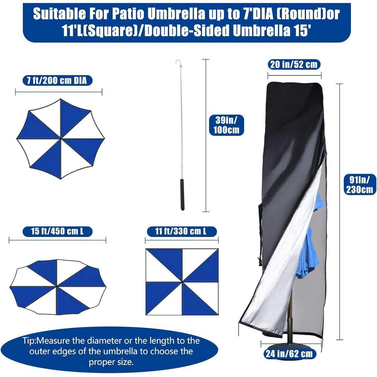 SCHUTZHÜLLE Sonnenschirm 230 cm Wasserdicht 420D Oxford mit Reißverschluss - Schwarz, Kunststoff (62/62/230cm)