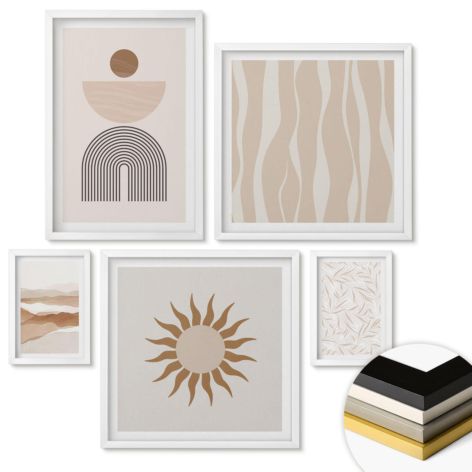 WANDBILDER 5er-Set - 50x50 cm & 20x30 cm & 40x60 cm Weißer Rahmen - Abstrakte Landschafts- und Naturgeometrie - Weiß, Kunststoff (40/60cm) - ArtPrintCave