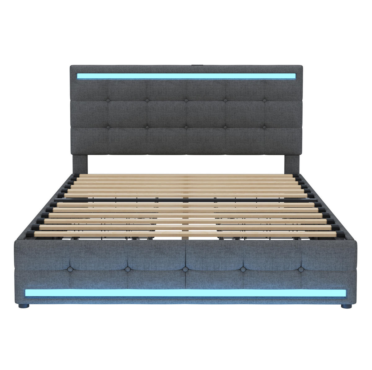 ČALÚNENÁ posteľ 140/200 cm s LED osvetlením, 2 USB portami a 4 zásuvkami, úložná, Sivá - sivá, textil (140/200cm) - Redom