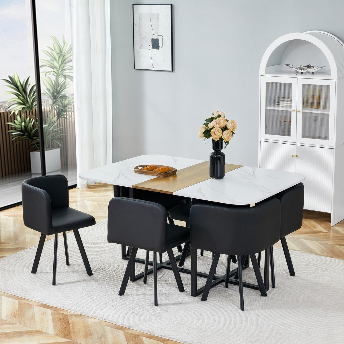ESSGRUPPE DE-39527 7-teilig, mit 6 Stühlen und PU-Polsterung Holzoptik/Weiß - Weiß, Holzwerkstoff (150/79/100cm) - ComfortXL