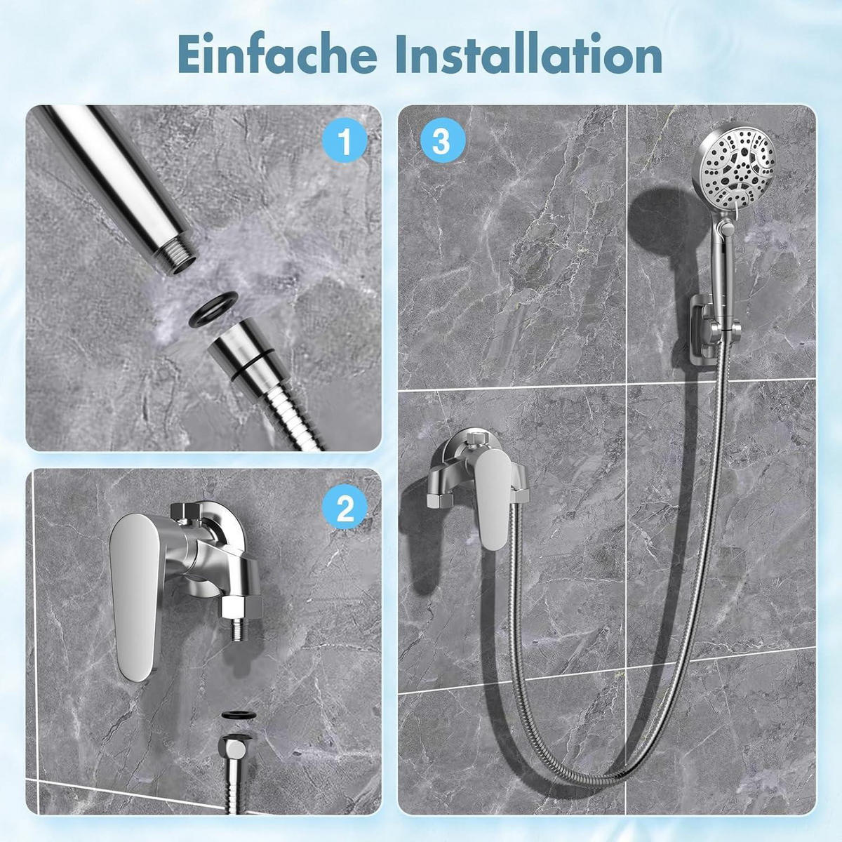 HANDBRAUSE mit Filter 120mm 8 Strahlarten 1.5m Schlauch - Silberfarben, Metall (12/12.7/28cm)