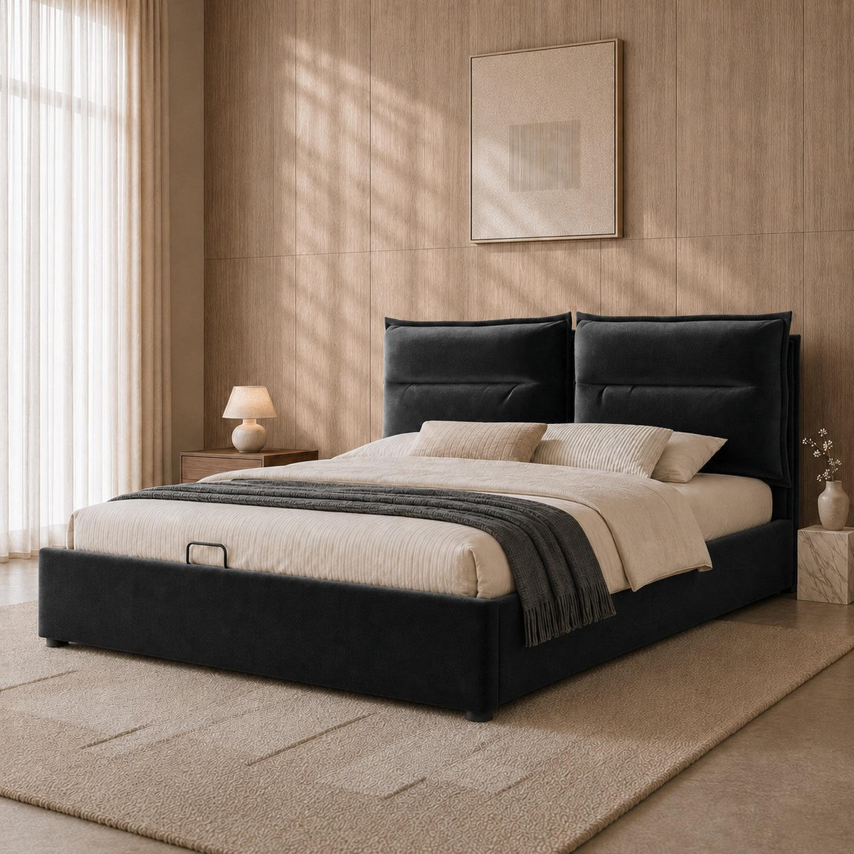 POLSTERBETT 140/200 cm Schwarz mit Verstellbares Kopfteil, Ohne Matratze - Schwarz, Textil (140/200cm) - Oxeza
