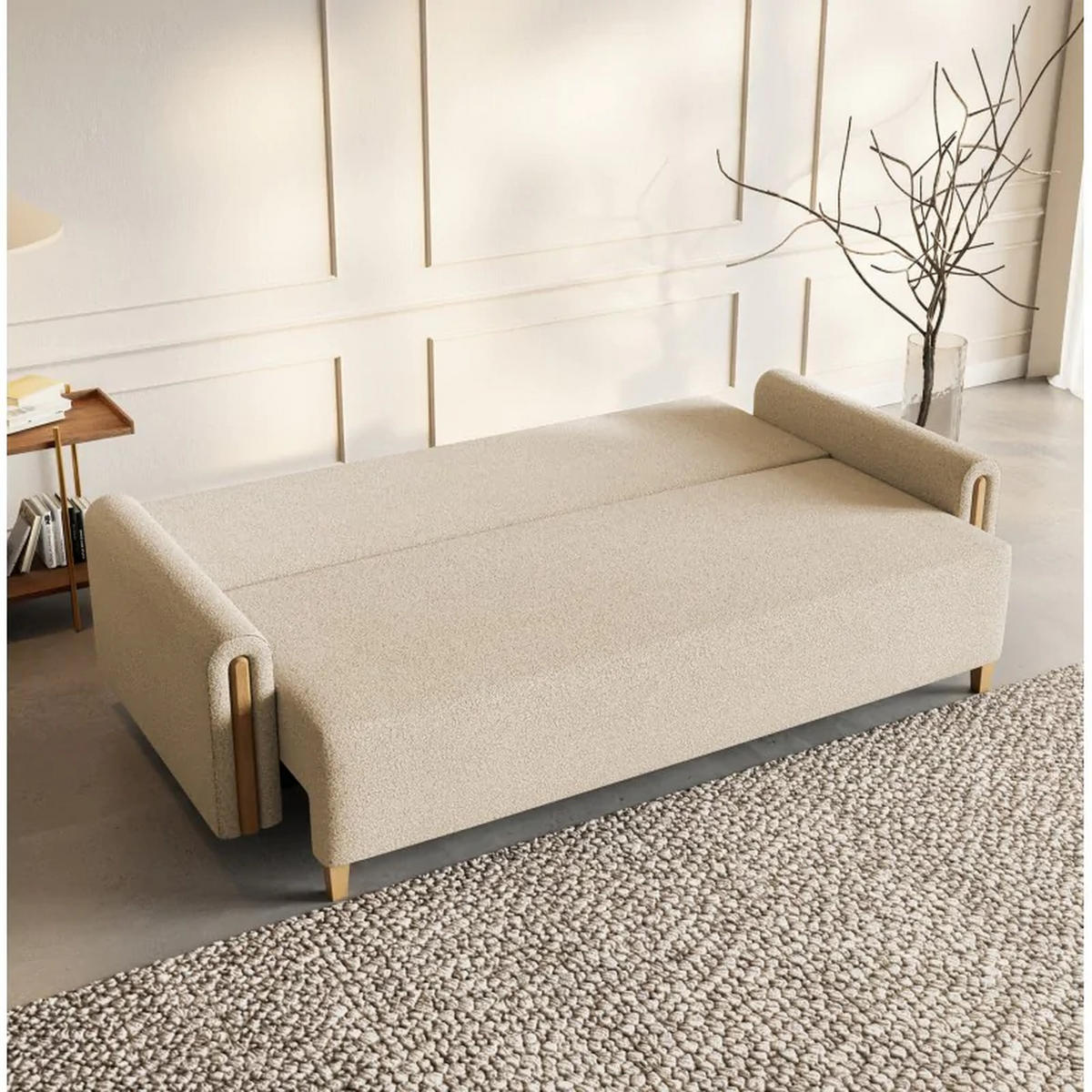 SCHLAFSOFA Modern, Sofa mit Schlaffunktion und Bettkasten, Farbe: Creme / Braun, Bouclé-Stoff - Creme/Braun, Textil (236/93/97cm) - Sepro Meble