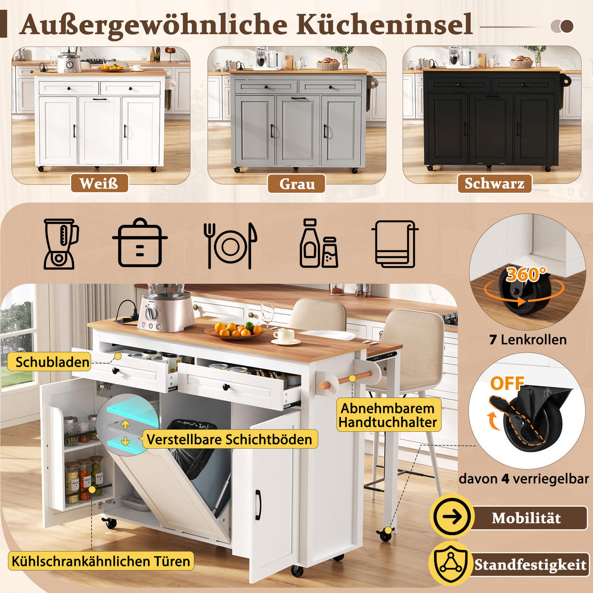 KÜCHENINSEL, ausziehbar, Steckdose+Mülleimer, weiß - Weiß, Holzwerkstoff (46/22/97.99cm) - Vallsero