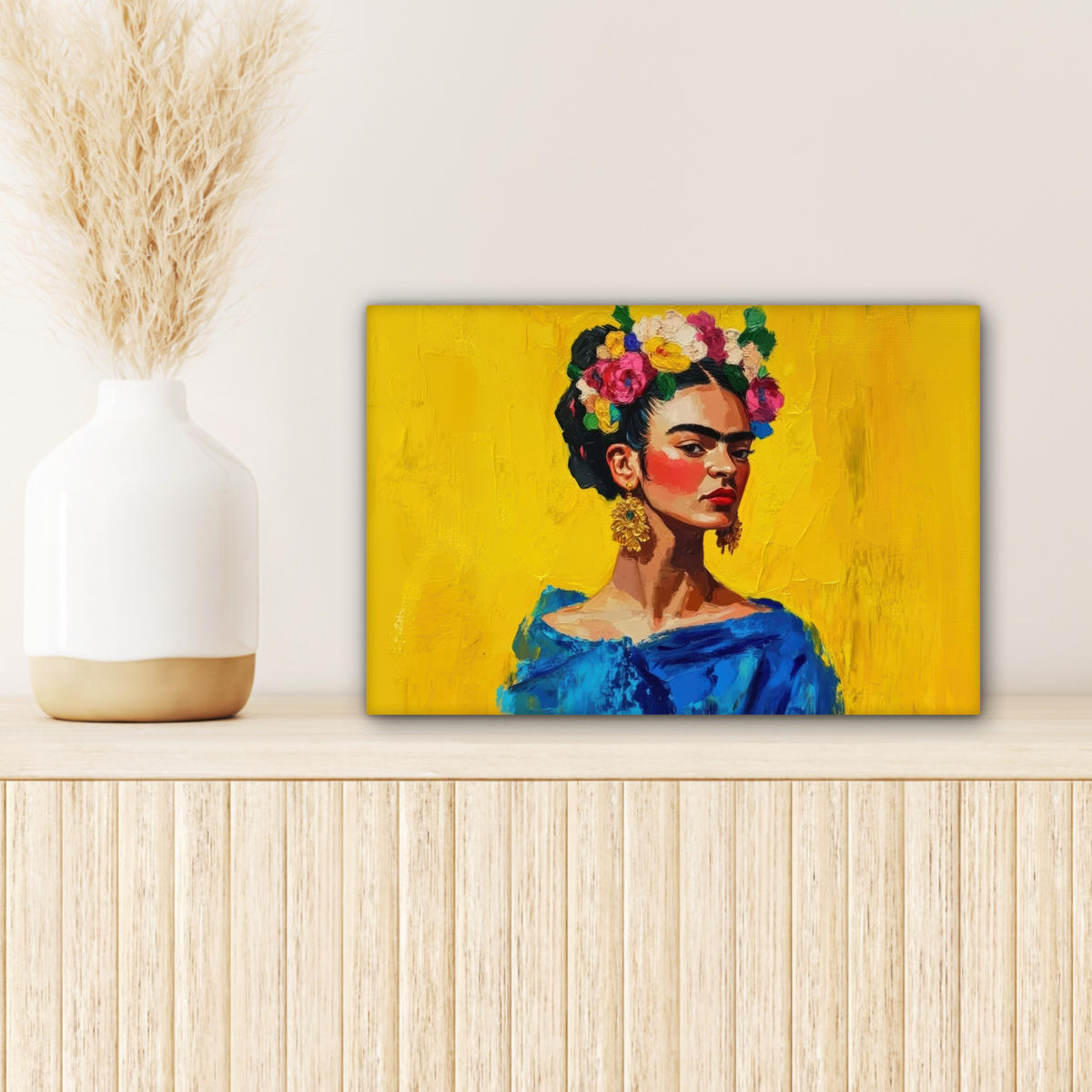 LEINWANDBILD Frida Kahlo - Frau - Gelb - Blau - Blumen 30x20 cm - Gelb, Textil (30/20cm) - MuchoWow