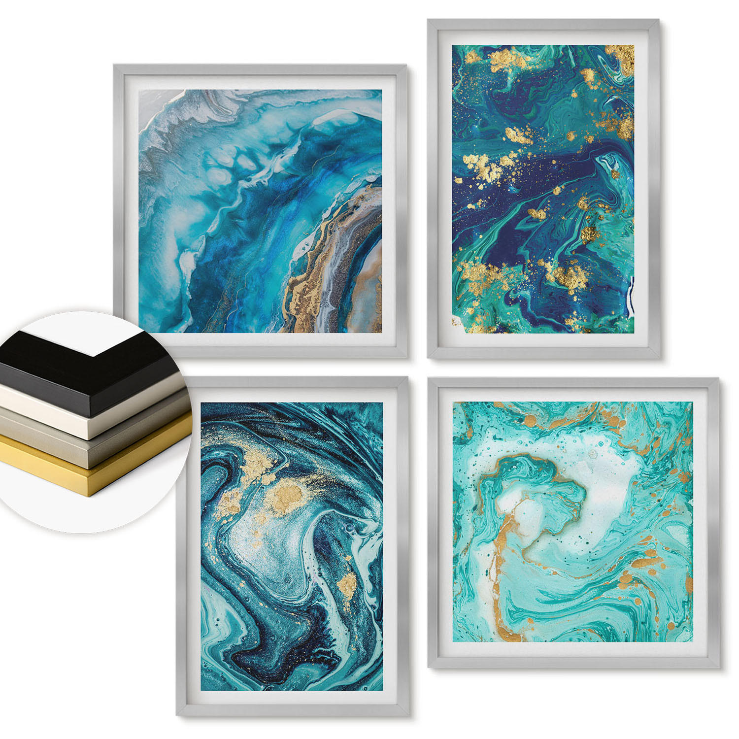 WANDBILDER 4er Set - 50x50 cm & 40x60 cm Silberner Rahmen - Abstraktionen dekorativer Malerei - Silberfarben, Kunststoff (50/50cm) - ArtPrintCave