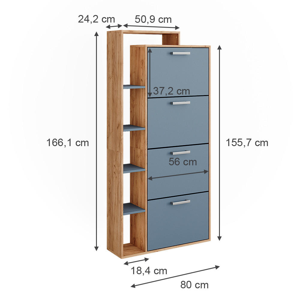 SCHUHKIPPER Orlando Goldkraft Eiche/Blau 80 x 166.1 cm mit 4 Fächern - Eiche Wotan, Holzwerkstoff (80/166.1/24.2cm) - Vicco