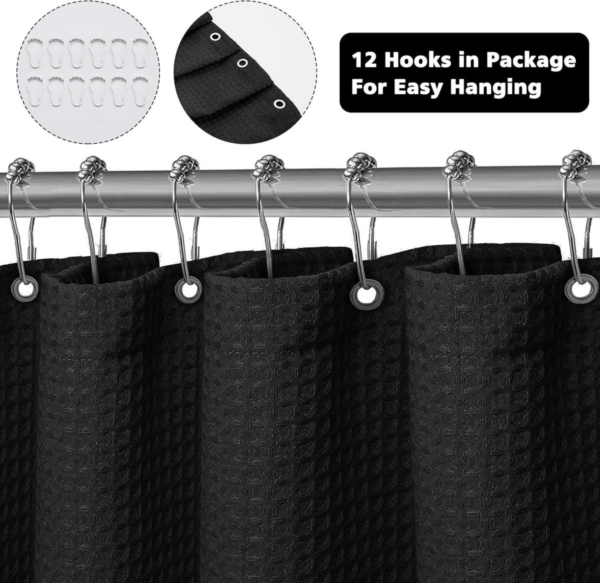 DUSCHVORHANG Schwarz Waffelstruktur Polyester wasserdicht waschbar mit Haken Badezimmer - Schwarz, Textil (182/182cm) - MCBOSON