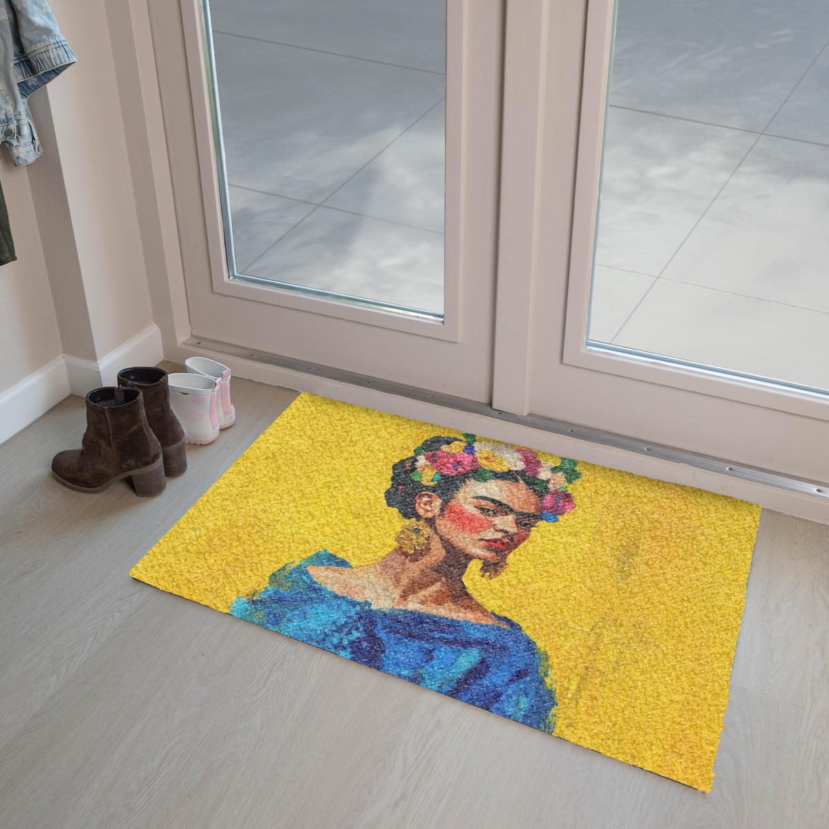 FUSSMATTE Frida Kahlo - Frau - Gelb - Blau - Blumen 90x60 cm - Gelb, Kunststoff (90/0.4cm) - MuchoWow